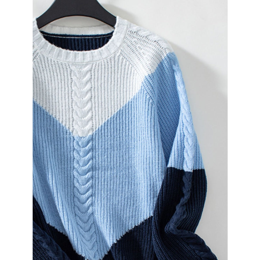 Color Block Round Neck Long Sleeve Sweater Apparel and Accessories