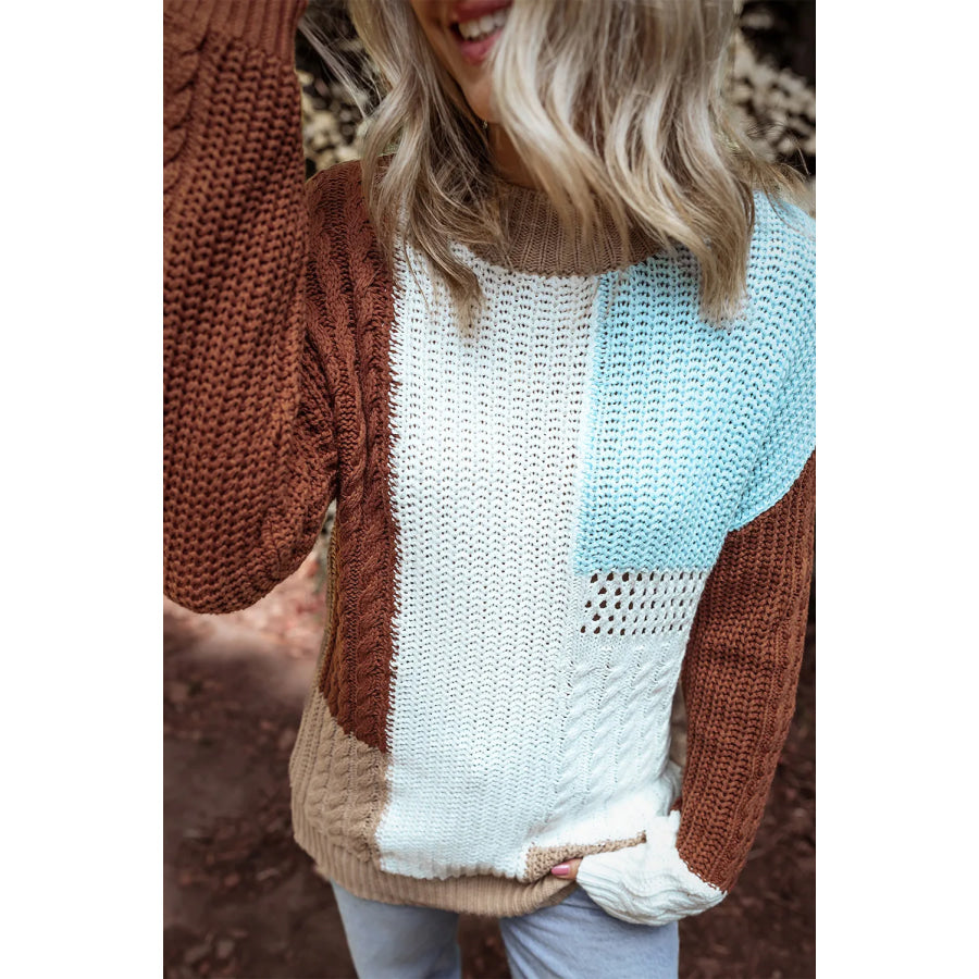 Color Block Round Neck Long Sleeve Sweater Apparel and Accessories