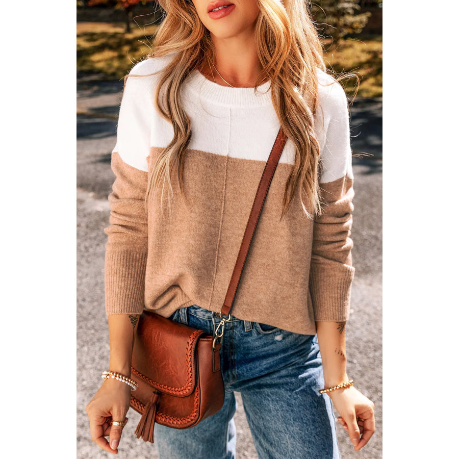 Color Block Round Neck Long Sleeve Sweater Apparel and Accessories