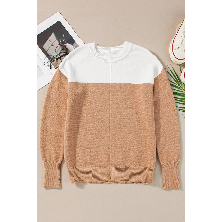 Color Block Round Neck Long Sleeve Sweater Apparel and Accessories