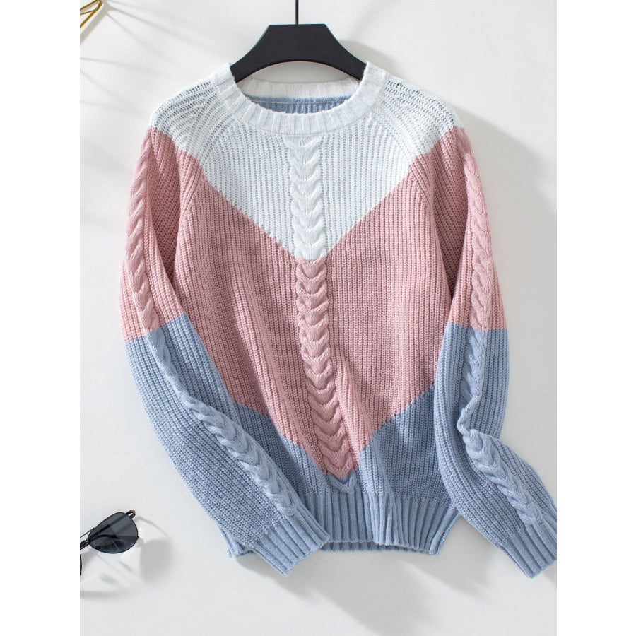 Color Block Round Neck Long Sleeve Sweater Apparel and Accessories