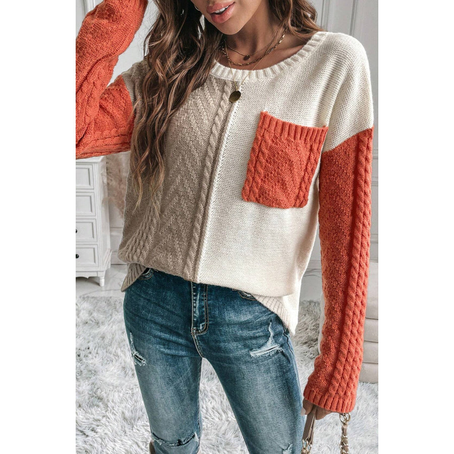 Color Block Round Neck Long Sleeve Sweater Apparel and Accessories