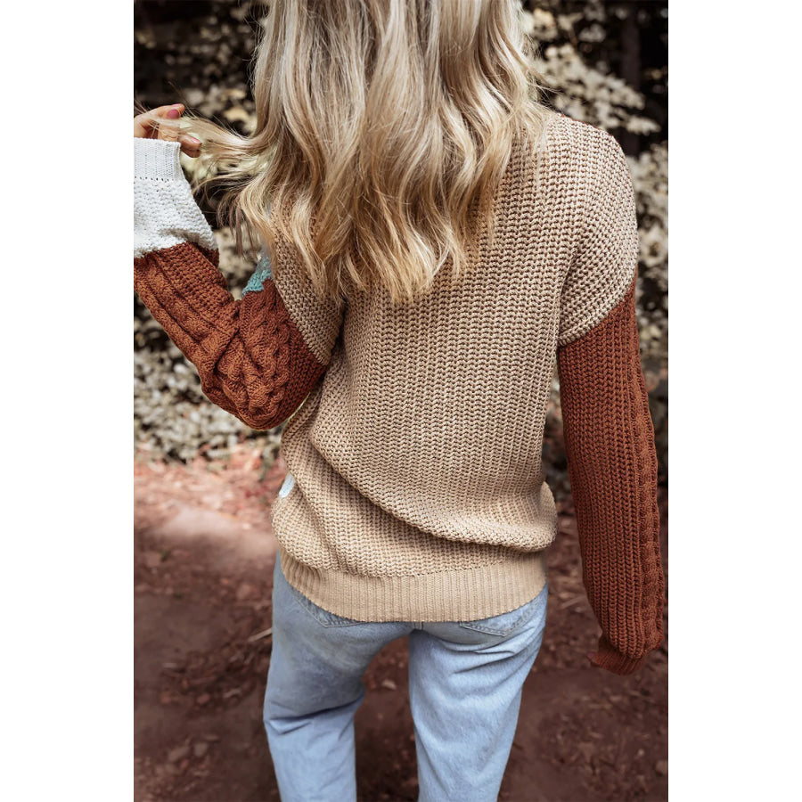 Color Block Round Neck Long Sleeve Sweater Apparel and Accessories