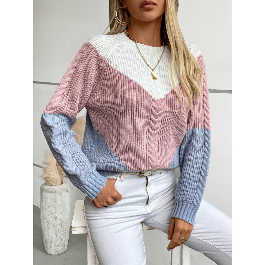Color Block Round Neck Long Sleeve Sweater Apparel and Accessories