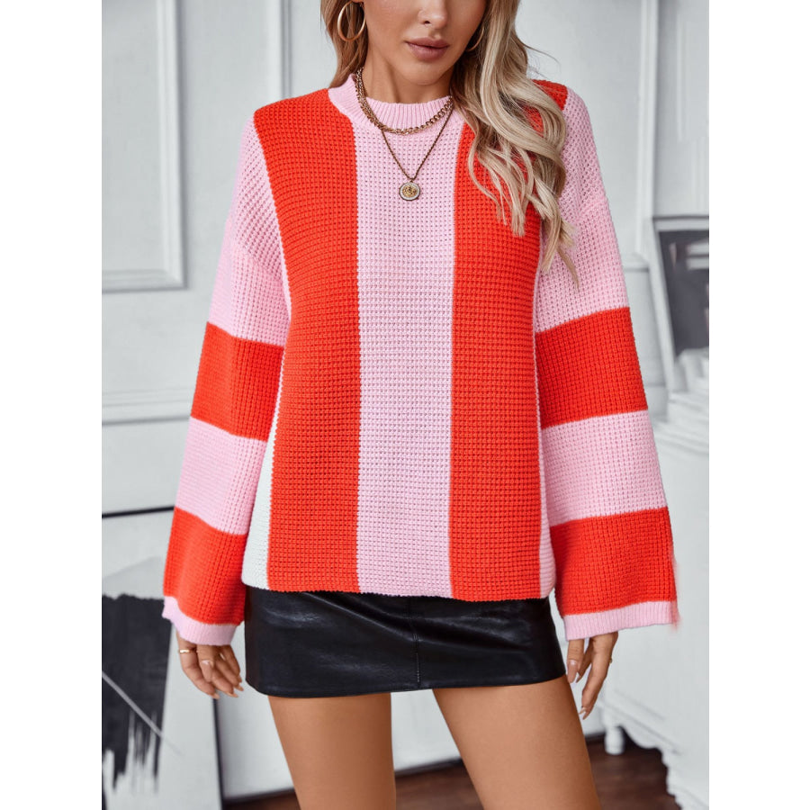 Color Block Round Neck Long Sleeve Sweater Apparel and Accessories
