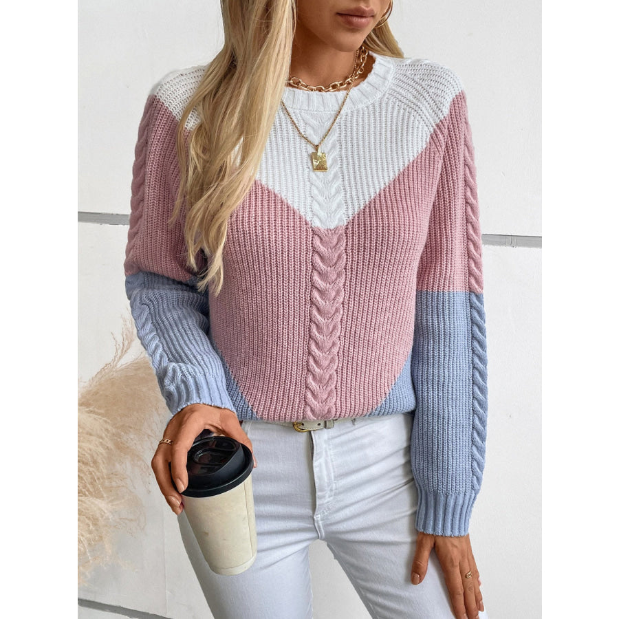 Color Block Round Neck Long Sleeve Sweater Apparel and Accessories