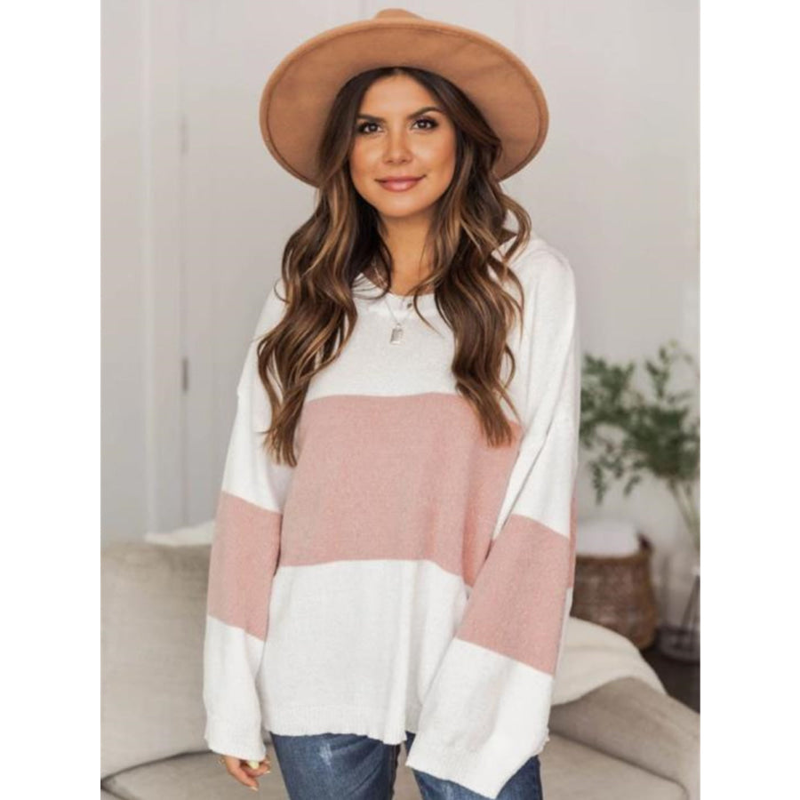 Color Block Round Neck Long Sleeve Sweater Apparel and Accessories