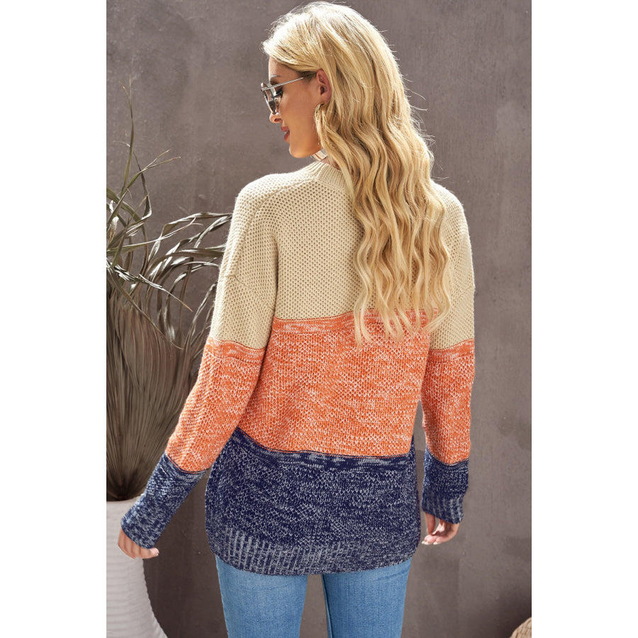Color Block Round Neck Long Sleeve Sweater Apparel and Accessories