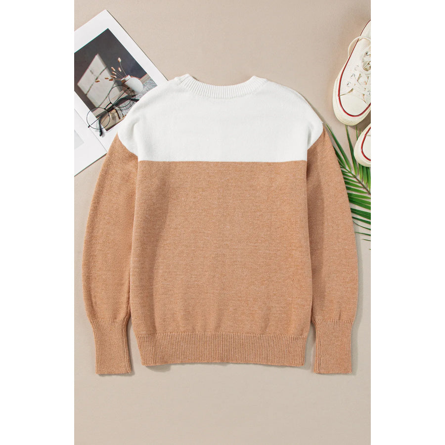 Color Block Round Neck Long Sleeve Sweater Apparel and Accessories
