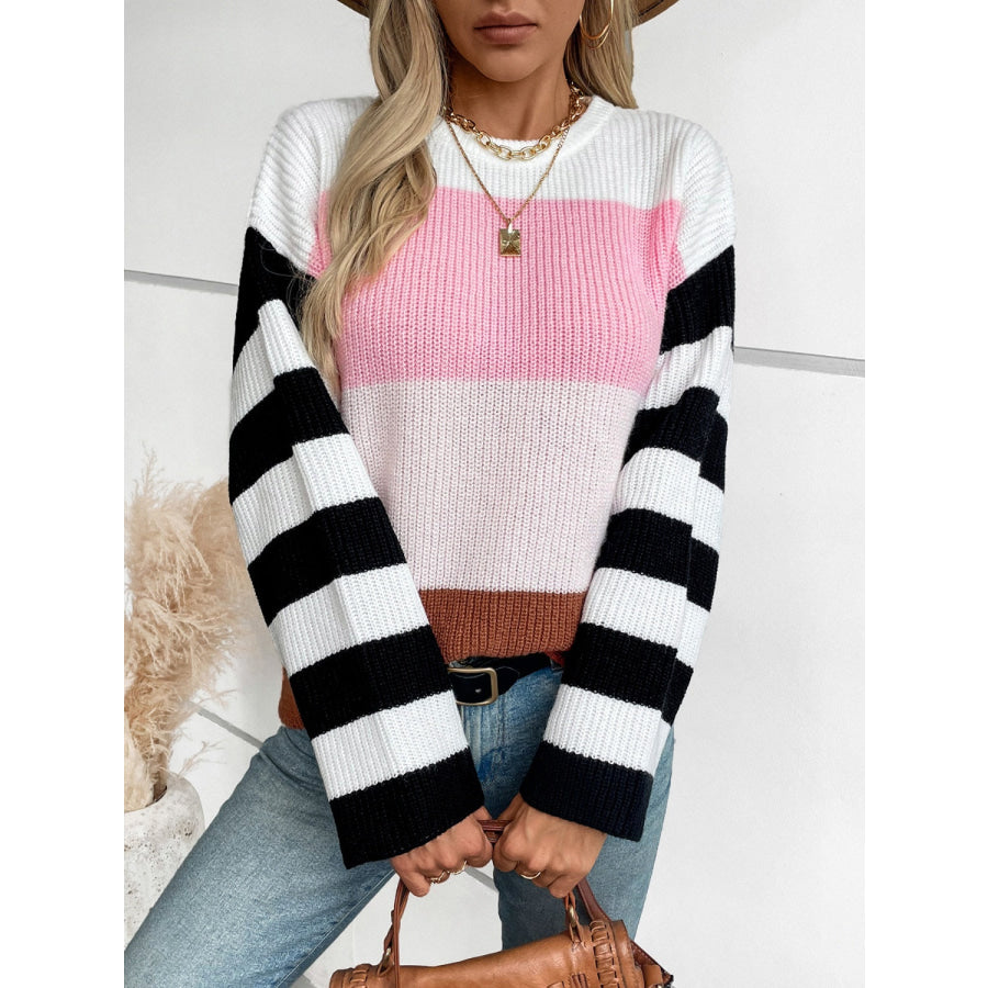 Color Block Round Neck Long Sleeve Sweater Apparel and Accessories
