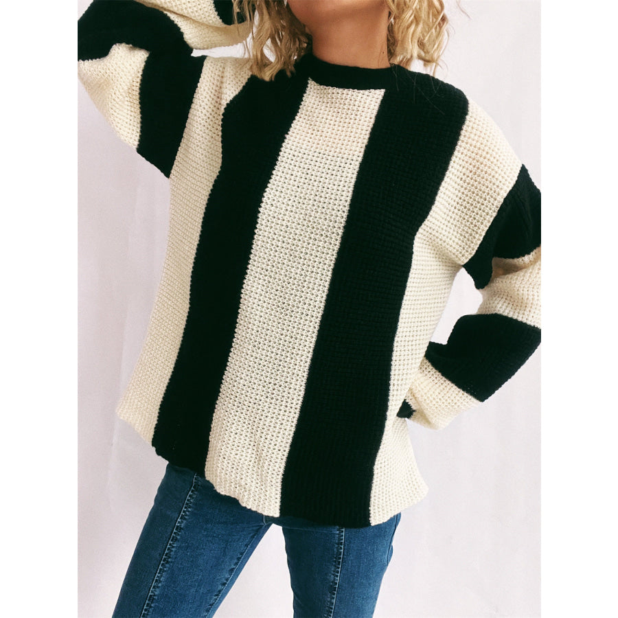 Color Block Round Neck Long Sleeve Sweater Apparel and Accessories