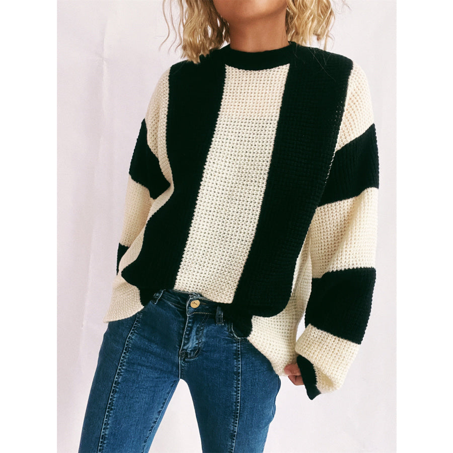 Color Block Round Neck Long Sleeve Sweater Apparel and Accessories