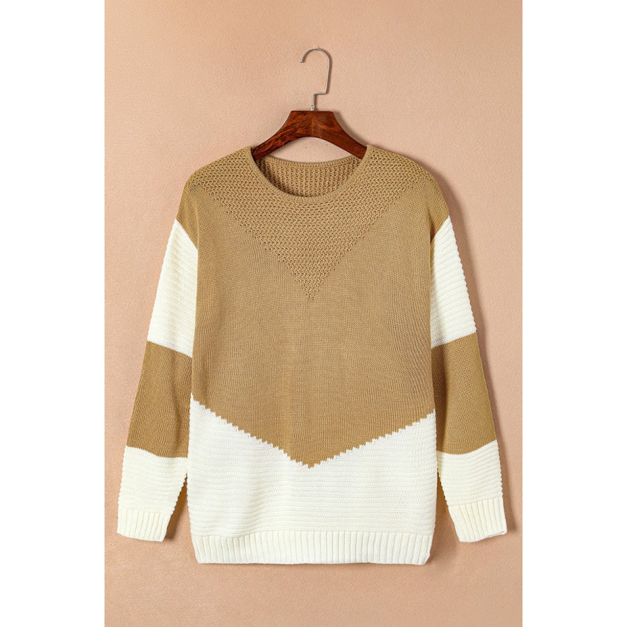 Color Block Round Neck Long Sleeve Sweater Apparel and Accessories