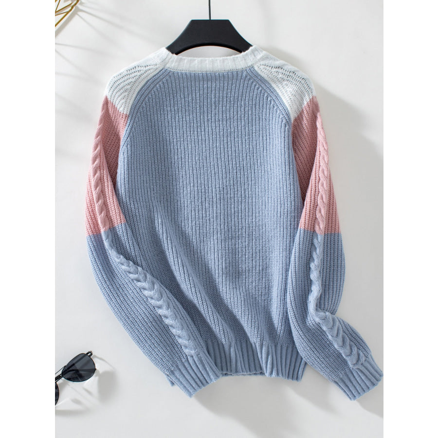 Color Block Round Neck Long Sleeve Sweater Apparel and Accessories