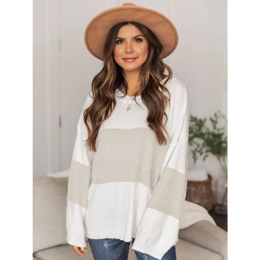 Color Block Round Neck Long Sleeve Sweater Apparel and Accessories