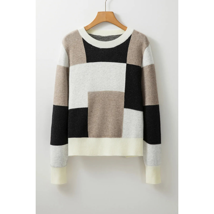 Color Block Round Neck Long Sleeve Sweater Apparel and Accessories