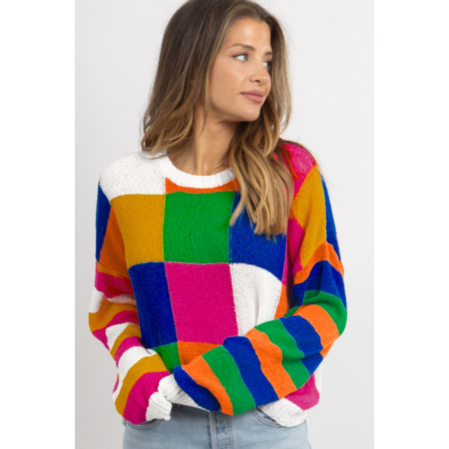 Color Block Round Neck Long Sleeve Sweater Apparel and Accessories
