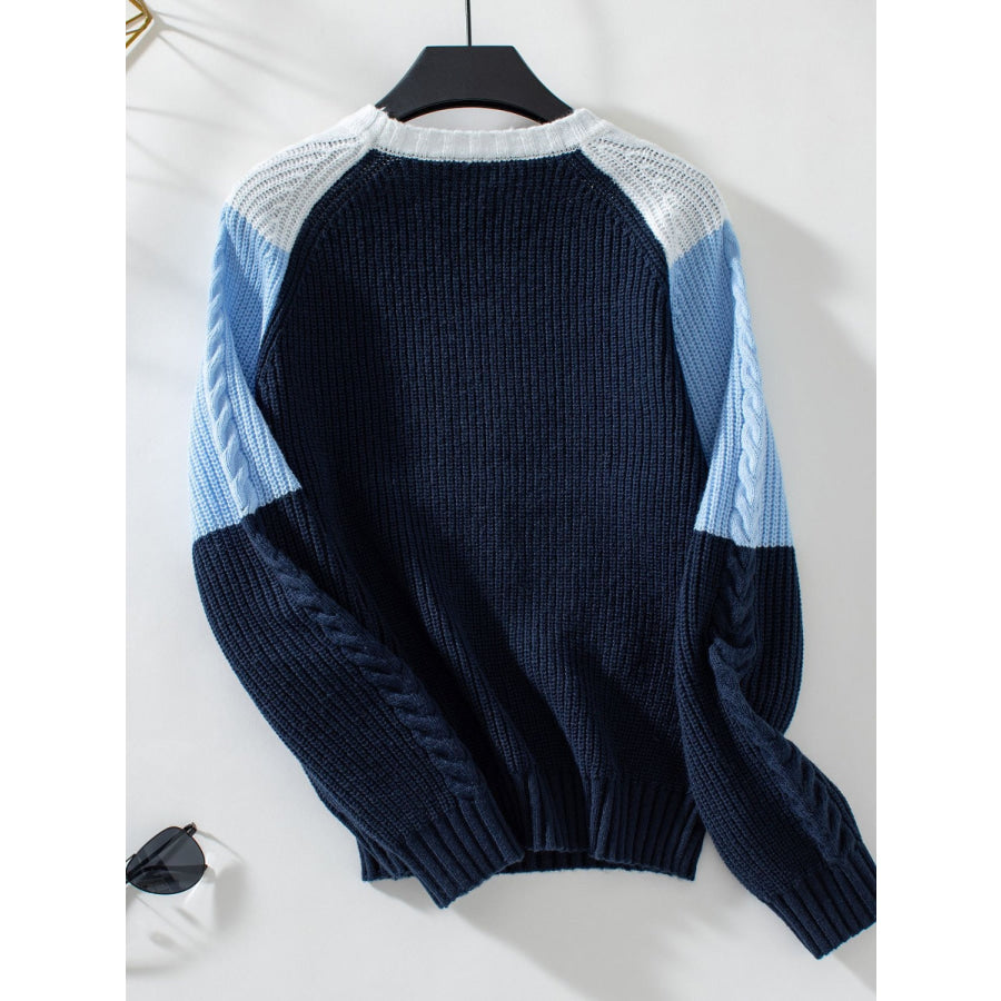 Color Block Round Neck Long Sleeve Sweater Apparel and Accessories