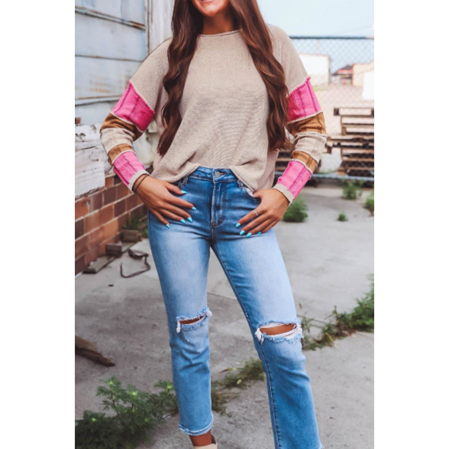 Color Block Round Neck Long Sleeve Sweater Apparel and Accessories