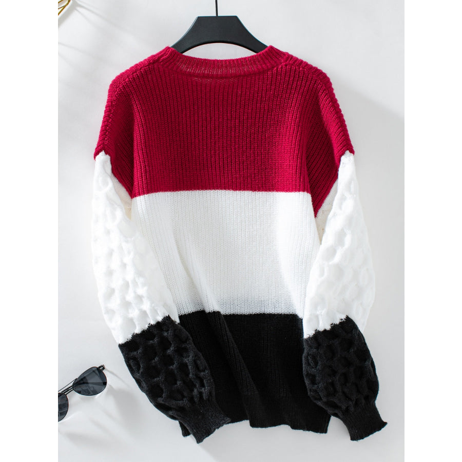 Color Block Round Neck Long Sleeve Sweater Apparel and Accessories