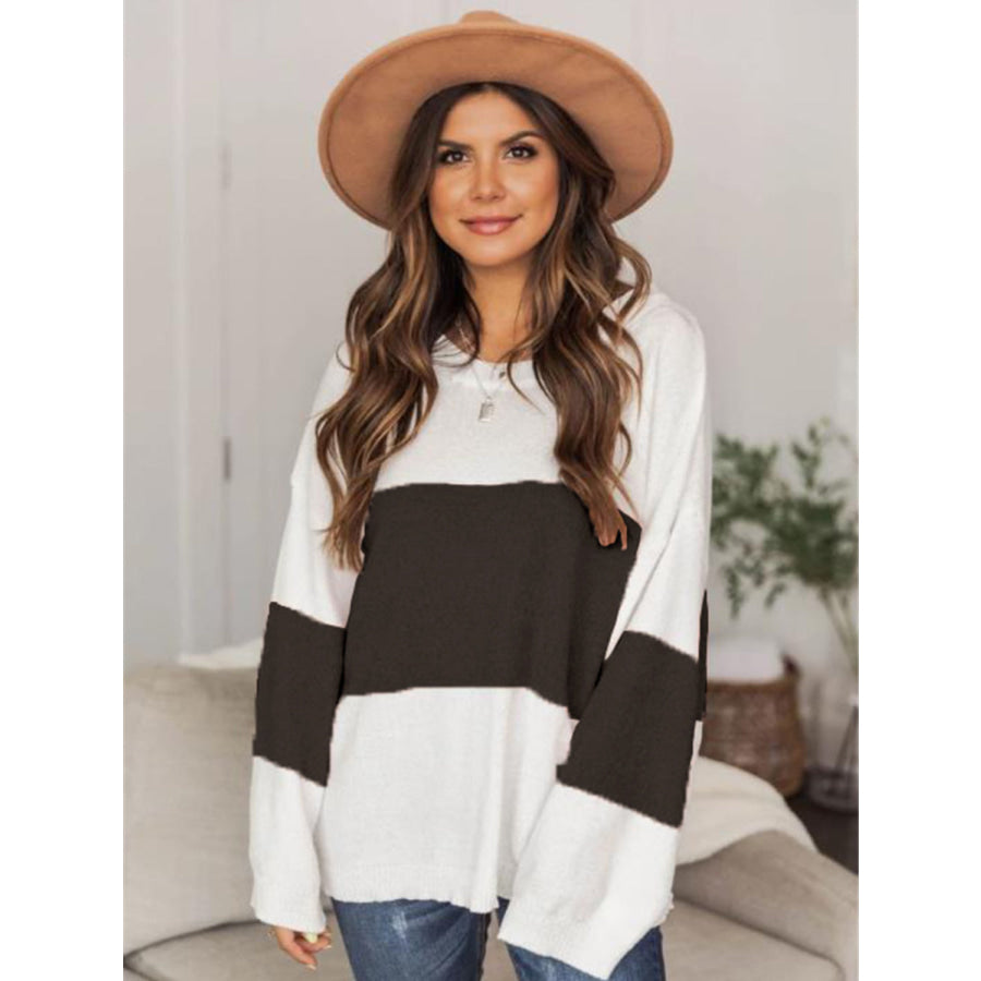 Color Block Round Neck Long Sleeve Sweater Apparel and Accessories