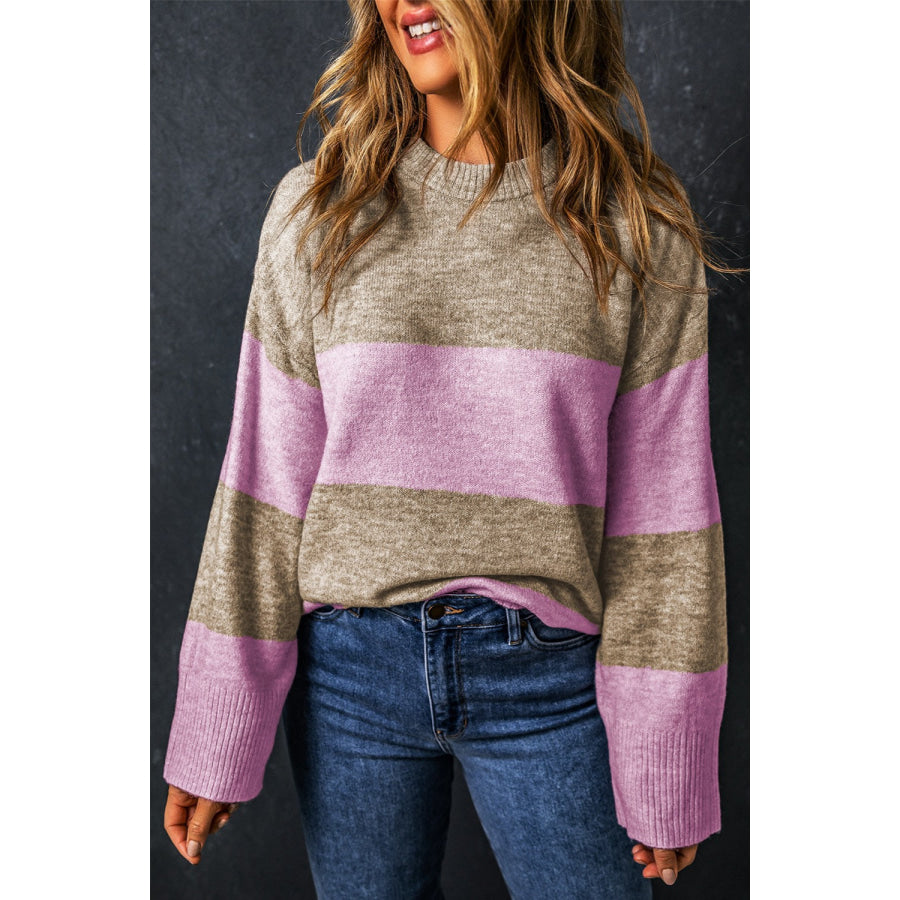 Color Block Round Neck Long Sleeve Sweater Apparel and Accessories