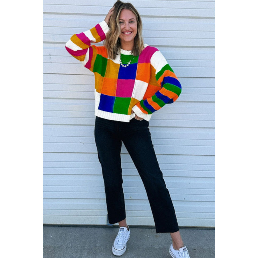 Color Block Round Neck Long Sleeve Sweater Apparel and Accessories