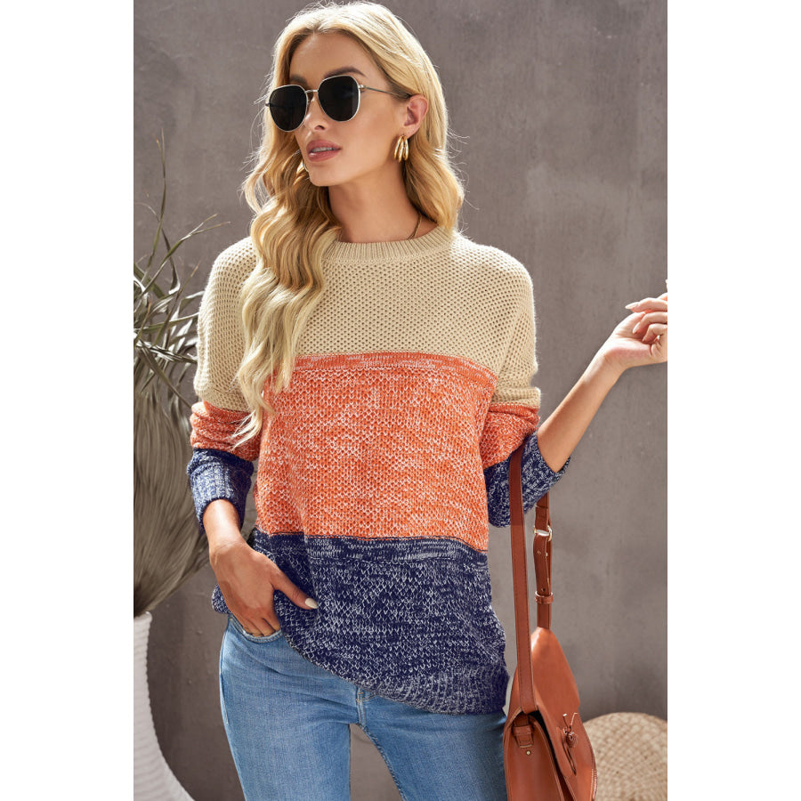 Color Block Round Neck Long Sleeve Sweater Apparel and Accessories