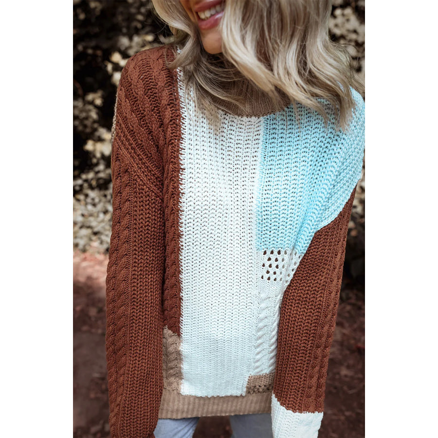 Color Block Round Neck Long Sleeve Sweater Apparel and Accessories