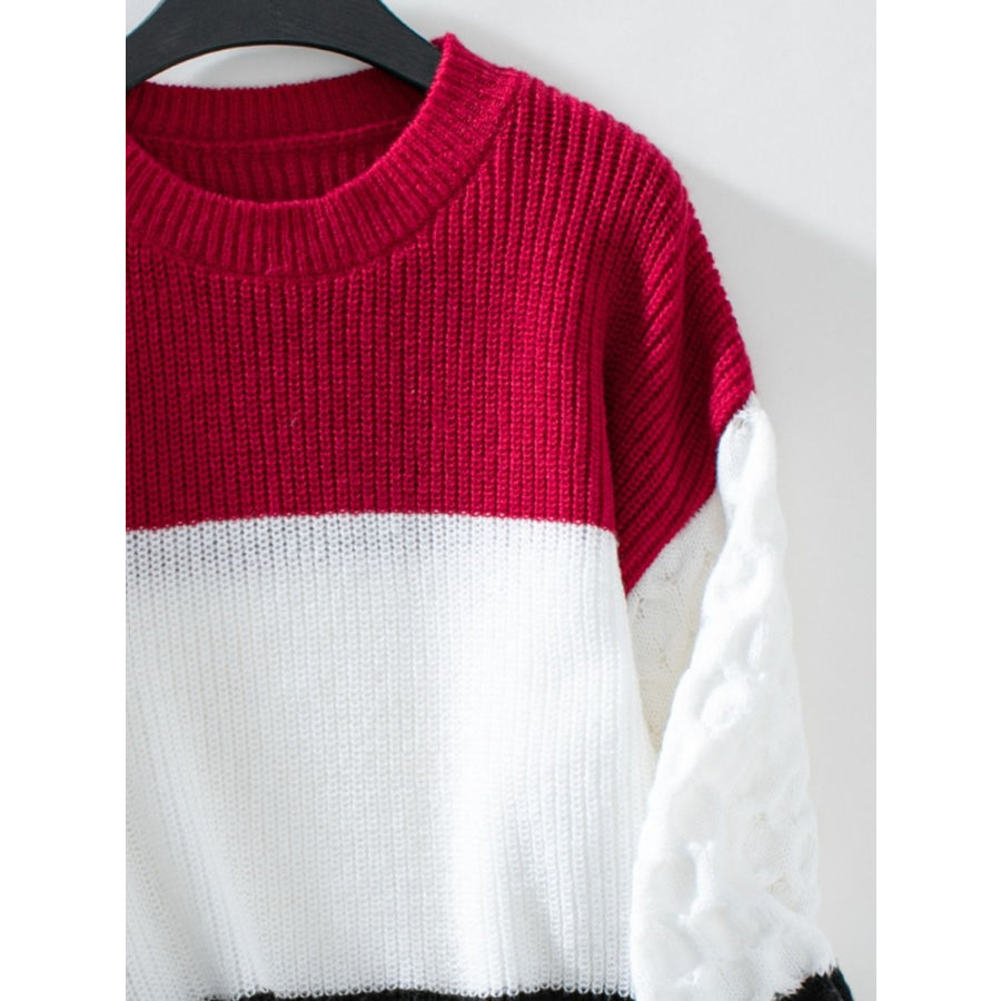Color Block Round Neck Long Sleeve Sweater Apparel and Accessories