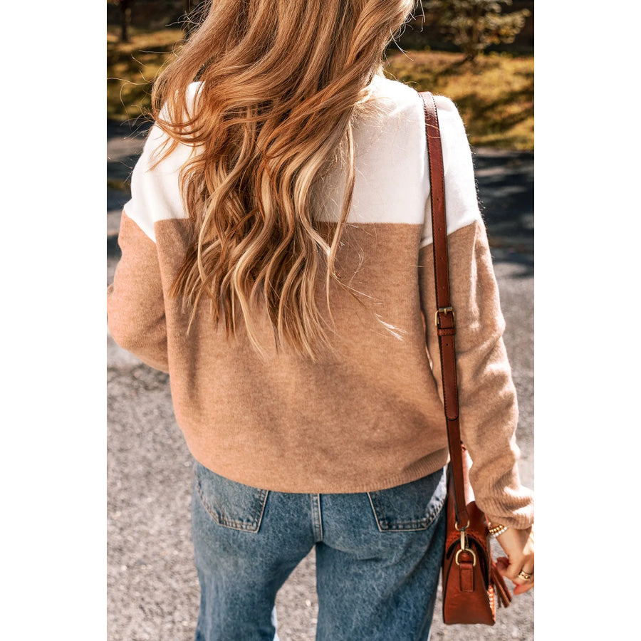 Color Block Round Neck Long Sleeve Sweater Camel / S Apparel and Accessories