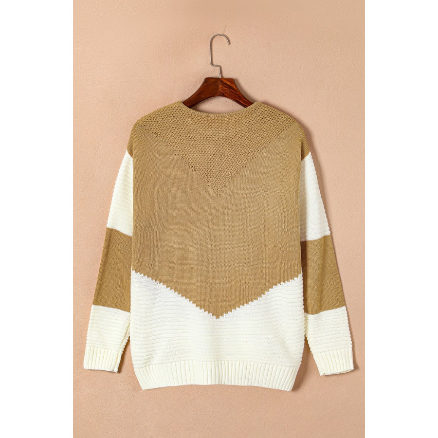 Color Block Round Neck Long Sleeve Sweater Apparel and Accessories