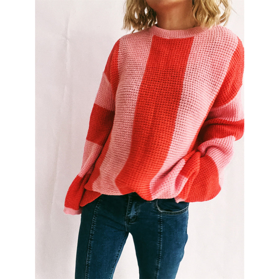 Color Block Round Neck Long Sleeve Sweater Apparel and Accessories