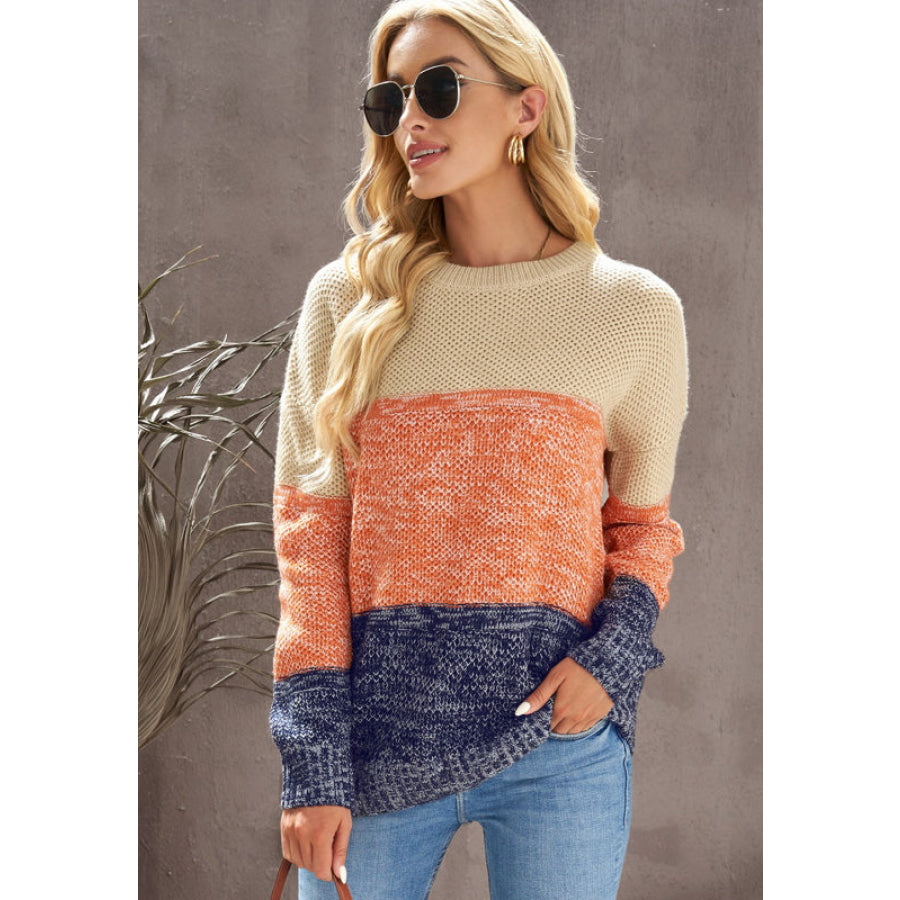 Color Block Round Neck Long Sleeve Sweater Apparel and Accessories