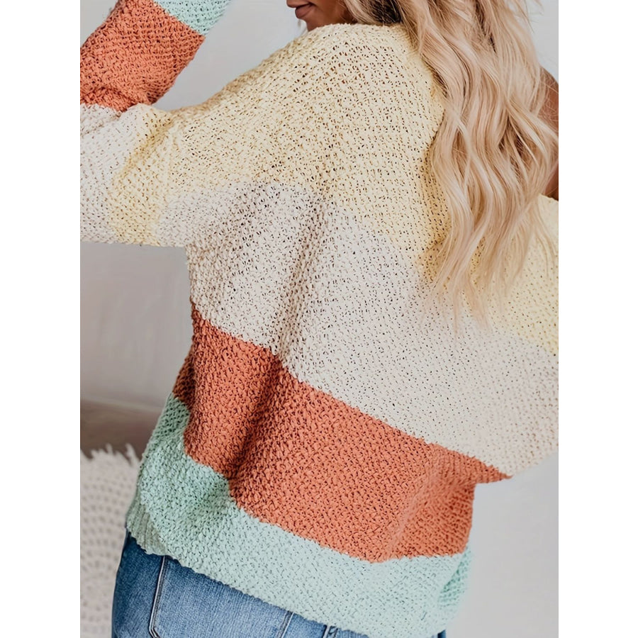 Color Block Round Neck Long Sleeve Sweater Apparel and Accessories