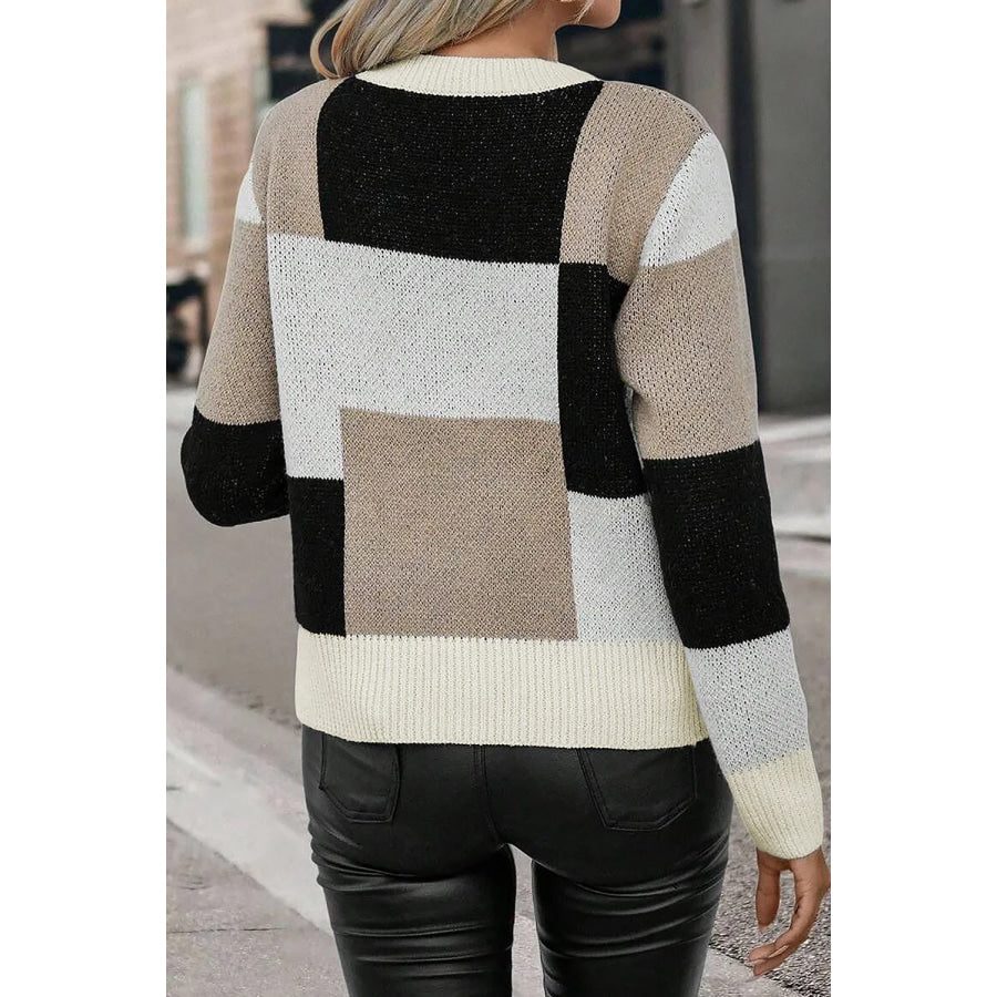 Color Block Round Neck Long Sleeve Sweater Black / S Apparel and Accessories