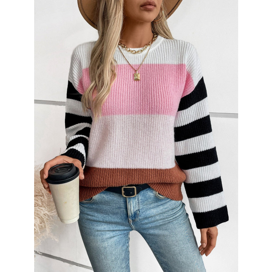 Color Block Round Neck Long Sleeve Sweater Apparel and Accessories