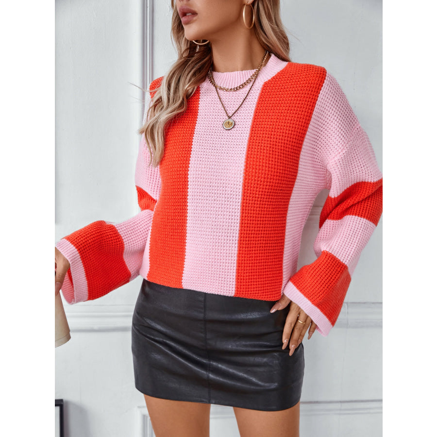Color Block Round Neck Long Sleeve Sweater Apparel and Accessories