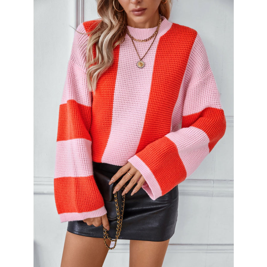 Color Block Round Neck Long Sleeve Sweater Apparel and Accessories