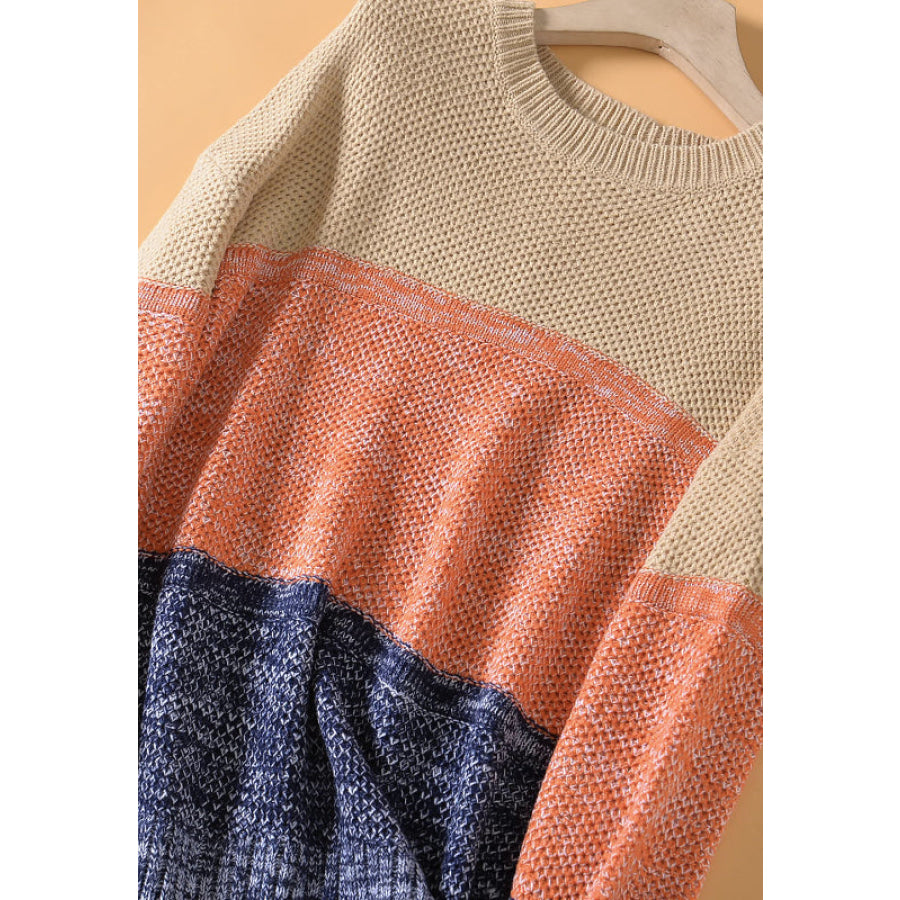 Color Block Round Neck Long Sleeve Sweater Apparel and Accessories