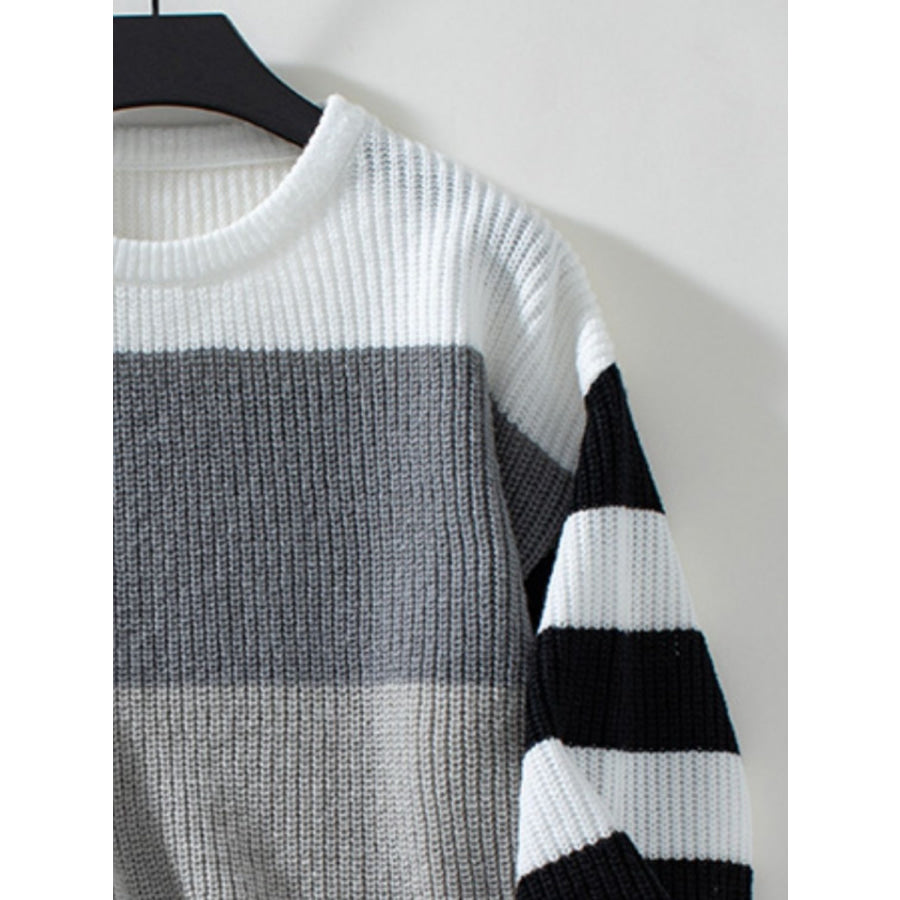 Color Block Round Neck Long Sleeve Sweater Apparel and Accessories