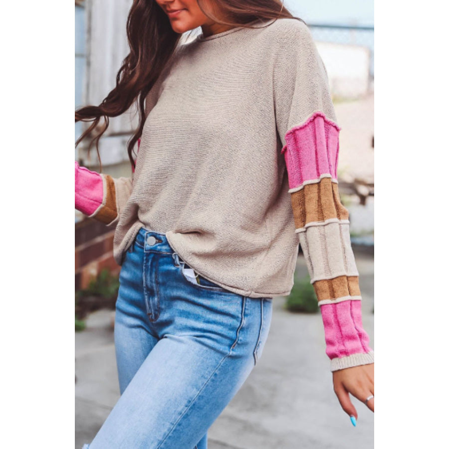 Color Block Round Neck Long Sleeve Sweater Apparel and Accessories