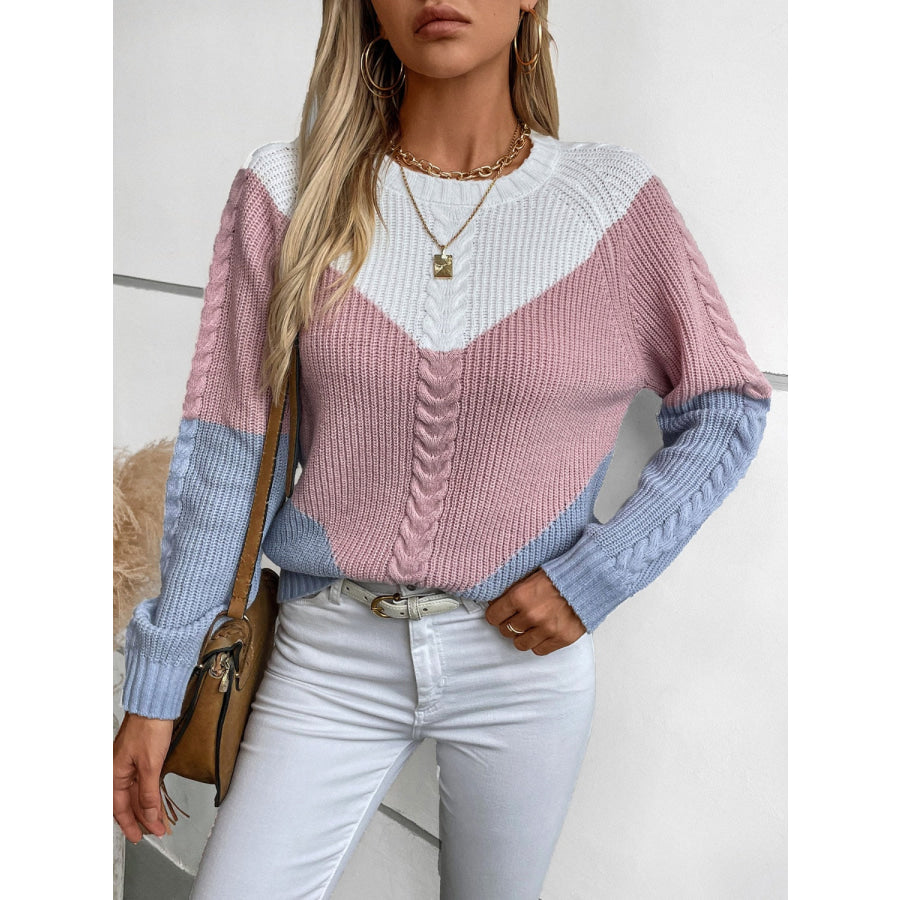 Color Block Round Neck Long Sleeve Sweater Blush Pink / S Apparel and Accessories