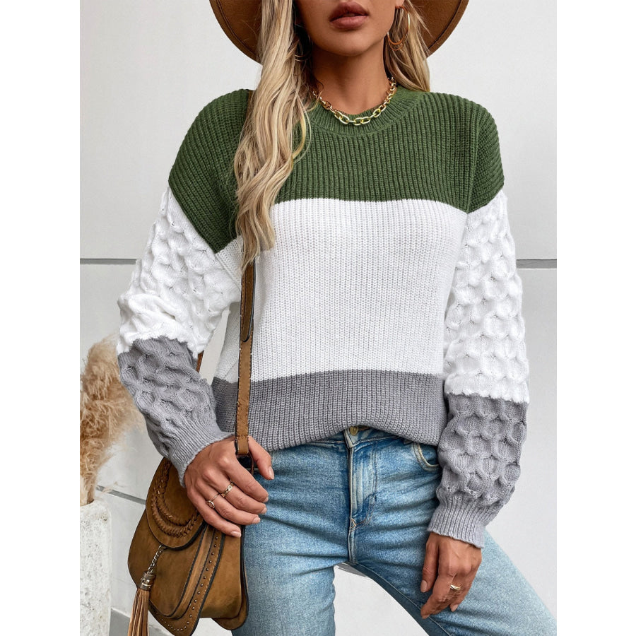 Color Block Round Neck Long Sleeve Sweater Army Green / S Apparel and Accessories
