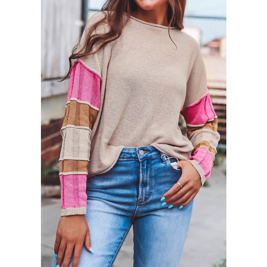 Color Block Round Neck Long Sleeve Sweater Beige / S Apparel and Accessories
