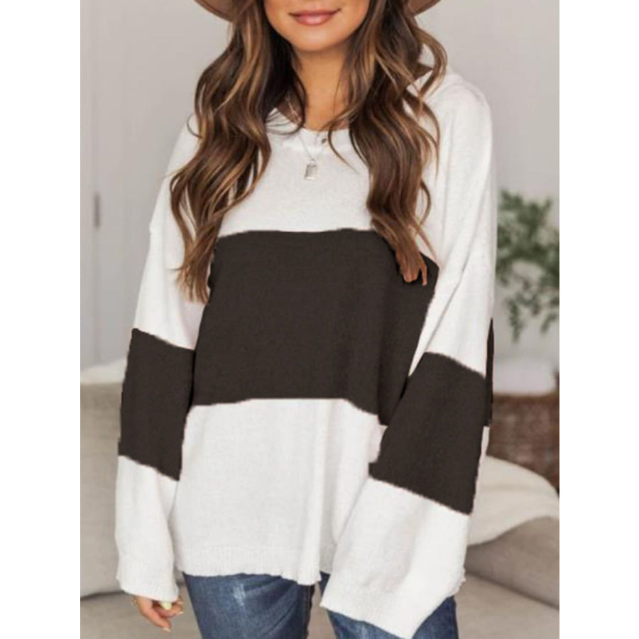 Color Block Round Neck Long Sleeve Sweater Black / S Apparel and Accessories