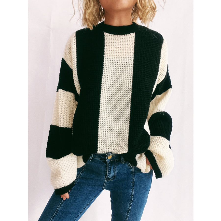 Color Block Round Neck Long Sleeve Sweater Black / S Apparel and Accessories