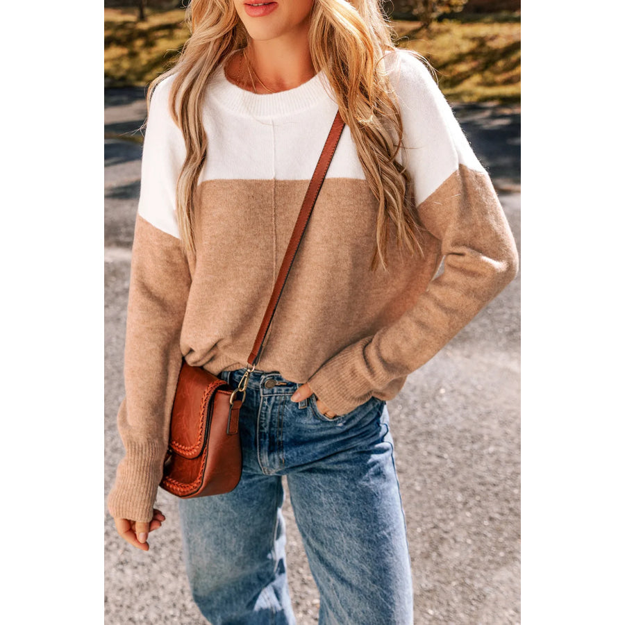 Color Block Round Neck Long Sleeve Sweater Camel / S Apparel and Accessories