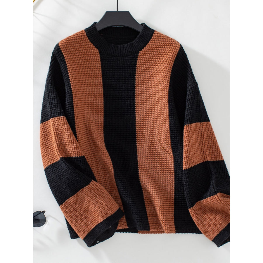 Color Block Round Neck Long Sleeve Sweater Caramel / S Apparel and Accessories