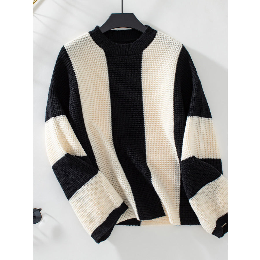 Color Block Round Neck Long Sleeve Sweater Cream / S Apparel and Accessories